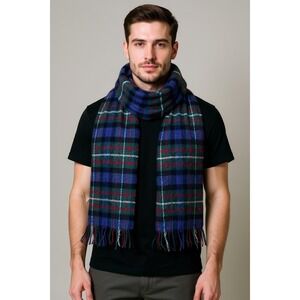 Ingles Buchan Scotland Lambswool Tartan Plaid Fringe Scarf Green Blue